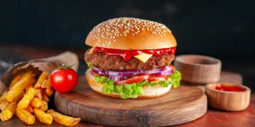 front view yummy meat cheeseburger with french fries on dark background dinner burgers snack fast-food sandwich salad dish toast